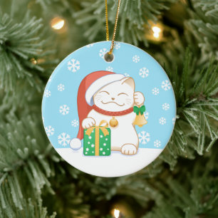 White Christmas Cat in a Red Hat Ceramic Ornament