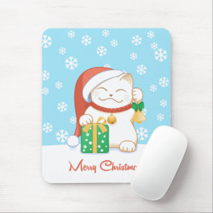 White Christmas Cat in a Red Hat Mouse Pad