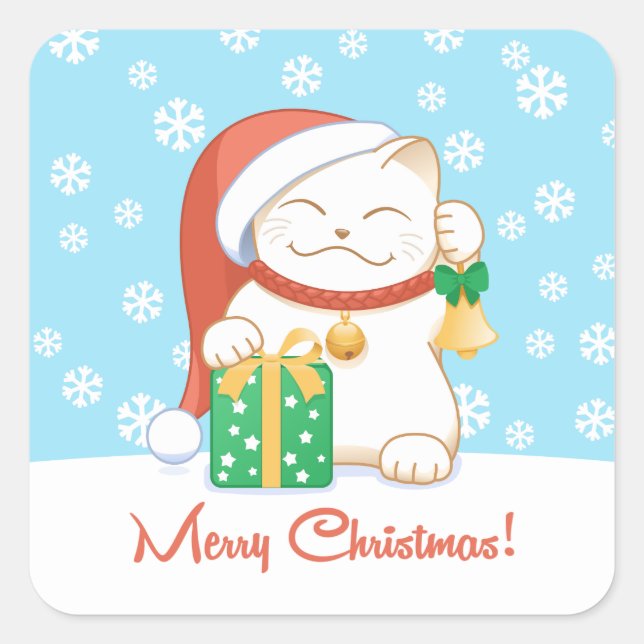 White Christmas Cat in a Red Hat Square Sticker (Front)