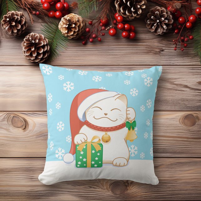 White Christmas Cat in a Red Hat Throw Pillow (Creator Uploaded)