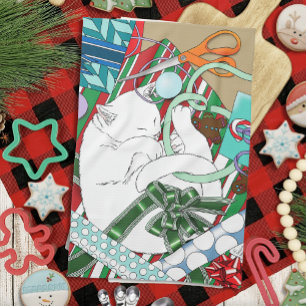 White Christmas Cat Kitchen Towel