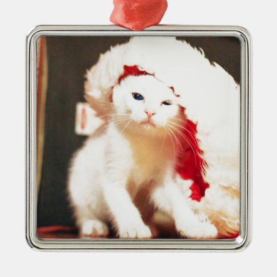White Christmas Cat Metal Ornament