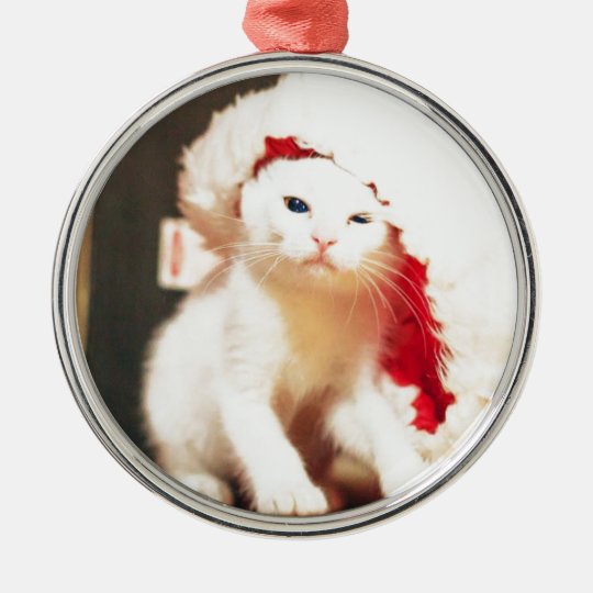White Christmas Cat Metal Ornament
