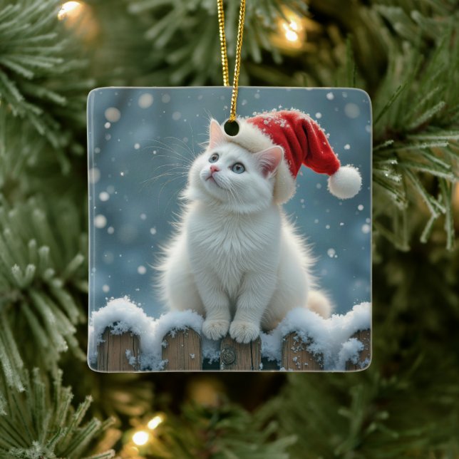 White Christmas Cat On a Fence Ceramic Ornament (Tree)