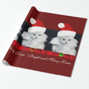 WHITE CHRISTMAS CAT,SANTA CLAUS HAT AND RED RIBBON WRAPPING PAPER