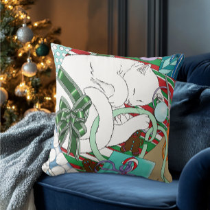 White Christmas Cat Throw Pillow