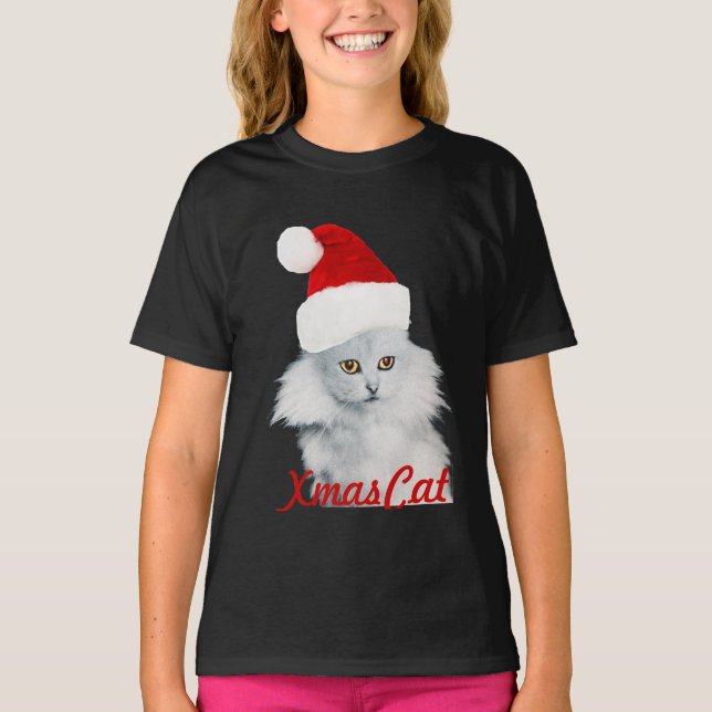 WHITE CHRISTMAS CAT WITH SANTA CLAUS HAT T-Shirt (Front)