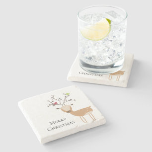 White Christmas Deer with Birds Stone Coaster