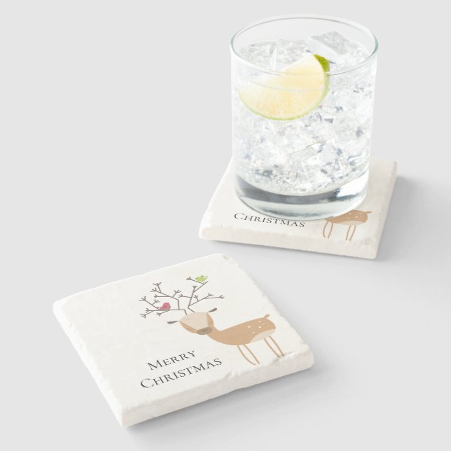 White Christmas Deer with Birds Stone Coaster (Side)