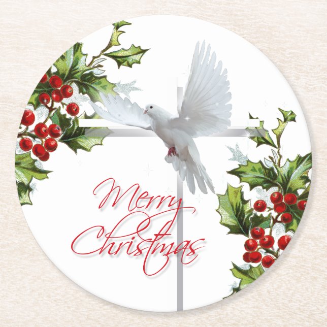 White christmas dove holiday berries n mistletoe round paper coaster (Front)