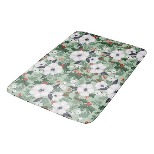  White Christmas flowers and red berries pattern Bath Mat (Angled)