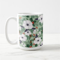 White Christmas flowers and red berries pattern