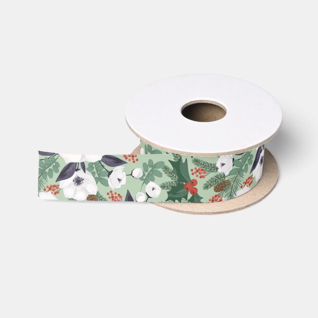 White Christmas flowers and red berries pattern Satin Ribbon (Spool)