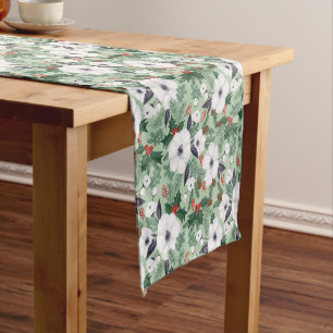 White Christmas flowers and red berries pattern Short Table Runner