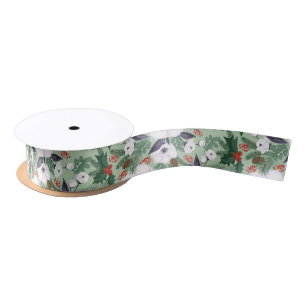  White Christmas flowers and red berries pattern T Satin Ribbon