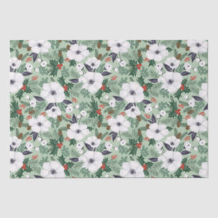White Christmas flowers and red berries pattern Tissue Paper