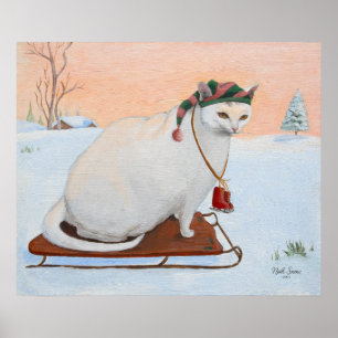 White Christmas Holiday Cat in Snow Wall Art