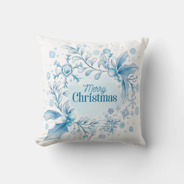 White Christmas Holly Snowflakes Throw Pillow (Front)