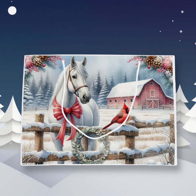White Christmas Horse and Cardinal  Large Gift Bag (Creator Uploaded)