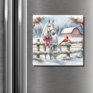 White Christmas Horse and Cardinal  Magnet