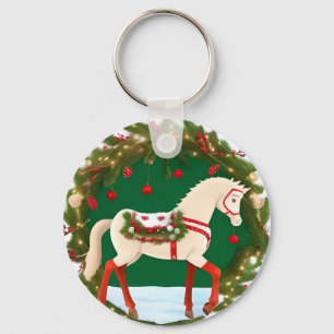 White Christmas Horse with Festive Wreath Keychain