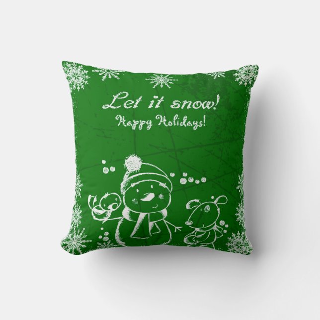 White Christmas Illustration on Green Background Throw Pillow (Front)