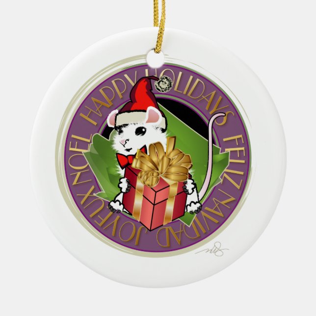 White Christmas Mouse Holiday Greeting Ceramic Ornament (Front)