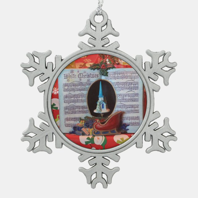 White Christmas music box closeup Snowflake Pewter Christmas Ornament (Front)