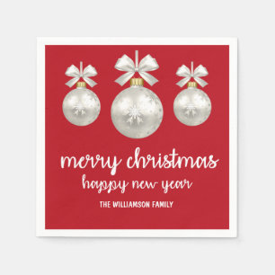 White Christmas Ornaments on Red, Personalized Napkin