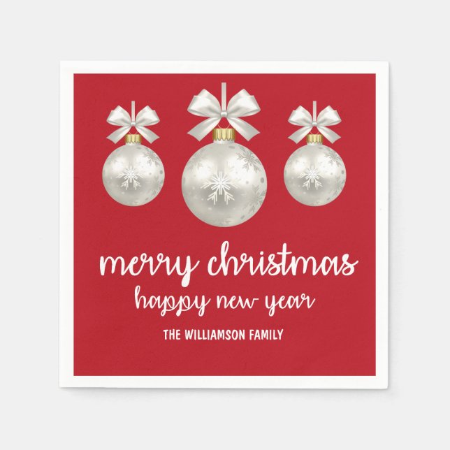 White Christmas Ornaments on Red, Personalized Napkin (Front)