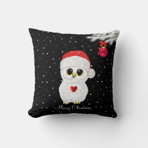 White Christmas Owl  on Black Throw Pillow
