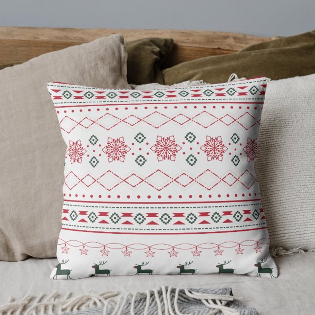 White Christmas Pattern Reindeer Snowflakes Throw Pillow (Creator Uploaded)