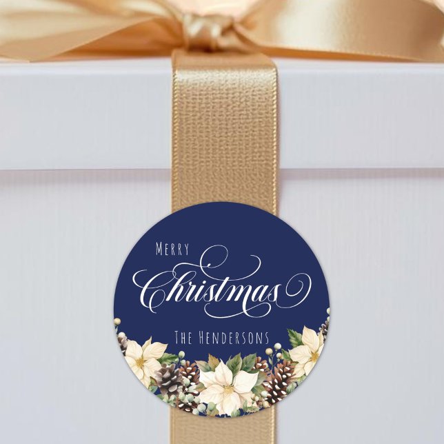 White Christmas Poinsettia blue   Classic Round Sticker (White Christmas Poinsettia blue Classic Round Sticker)