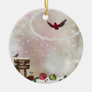 White Christmas Red Cardinal Bird Ceramic Ornament