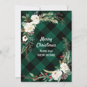 White Christmas Roses Green Buffalo Plaid New Home Holiday Card