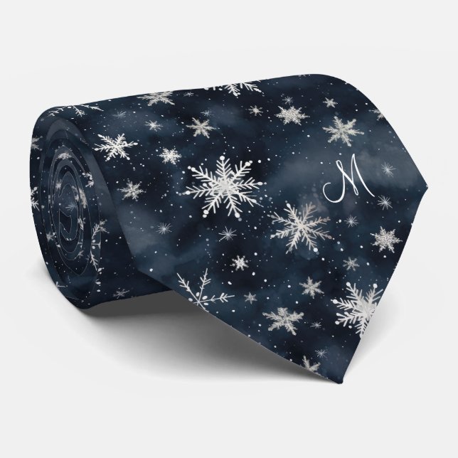 White Christmas Snowflakes Dark Blue Neck Tie (Rolled)