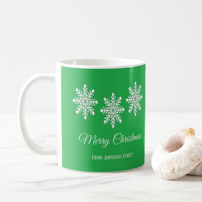 White Christmas snowflakes Merry Christmas green Coffee Mug (With Donut)