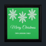 White Christmas snowflakes Merry Christmas green Gift Box<br><div class="desc">Celebrate the holiday season with the enchanting "White Christmas Snowflakes" design,  featuring delicate snowflakes and a joyful "Merry Christmas" message on a vibrant green background. This festive composition captures the essence of a winter wonderland and spreads holiday cheer with its classic and inviting design.</div>