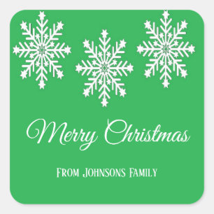 White Christmas snowflakes Merry Christmas green Square Sticker