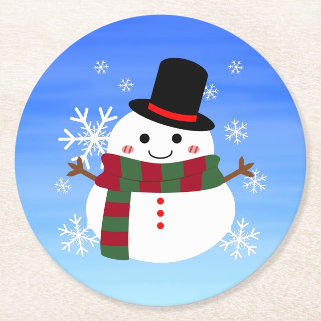 White Christmas Snowman Round Paper Coaster (Front)