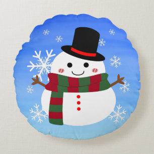 White Christmas Snowman Round Pillow