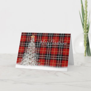 White Christmas Tree and Deer on Tartan Plaid Card