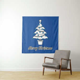 White Christmas Tree Blue Decorations - Merry Xmas Tapestry