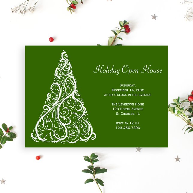White Christmas Tree on Green Holiday Open House Invitation (Creator Uploaded)