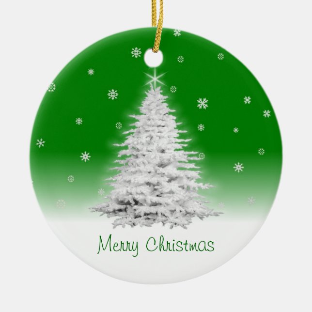 White Christmas Tree On Green Ornament (Front)