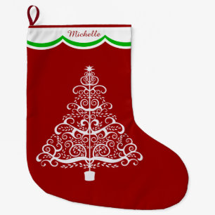 White Christmas Tree on Red Personalized Large Christmas Stocking