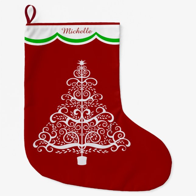 White Christmas Tree on Red Personalized Large Christmas Stocking (Front)