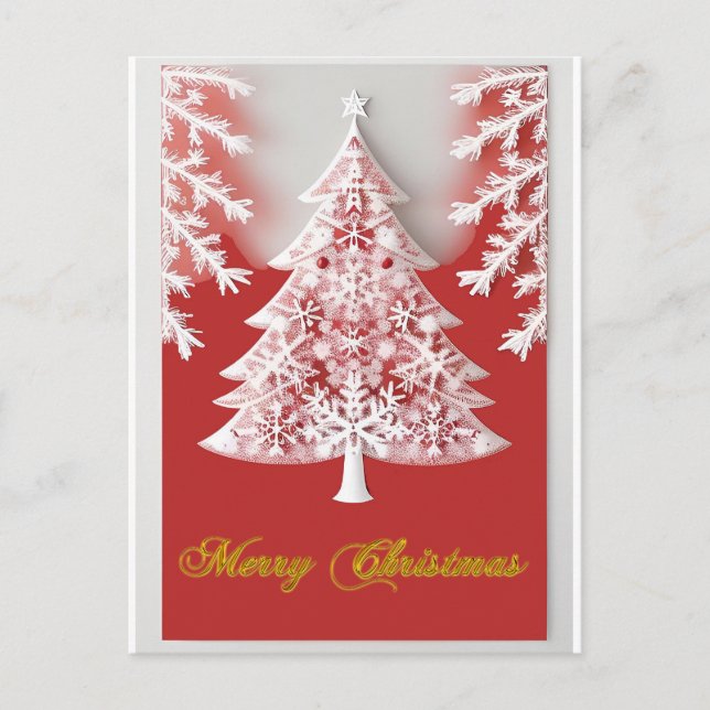 🎁 White Christmas Tree Red Ornaments Star Bold  Postcard (Front)
