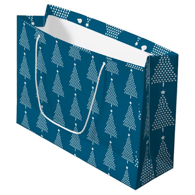 White Christmas Tree Stars Pattern On Blue Large Gift Bag (Front Angled)