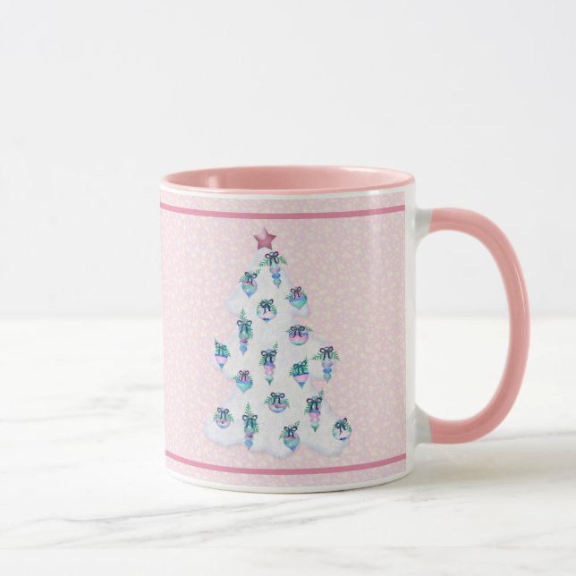 White Christmas Tree w Watercolor Ornaments Pink Mug (Right)